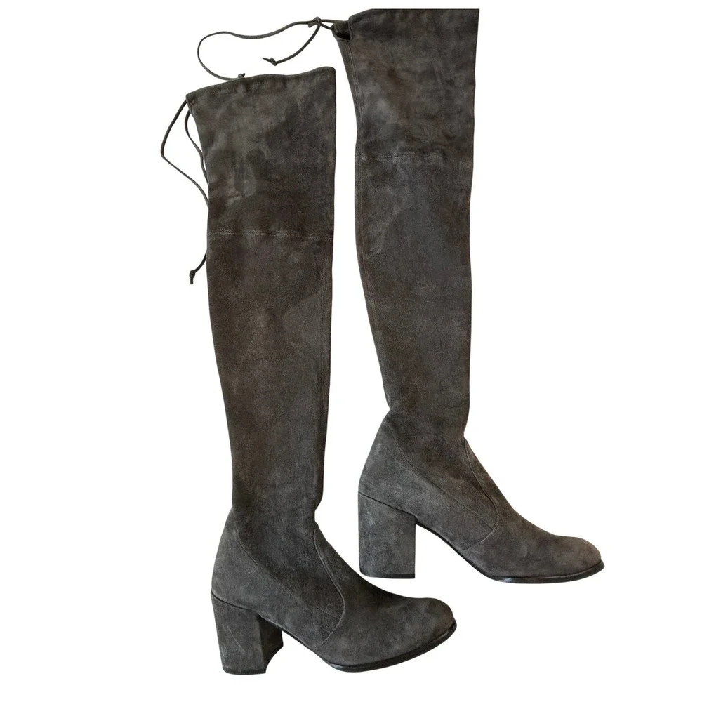 Stuart Weitzman Tieland Over The Knee Boot Grey Womens 8.5 Suede Block Heel